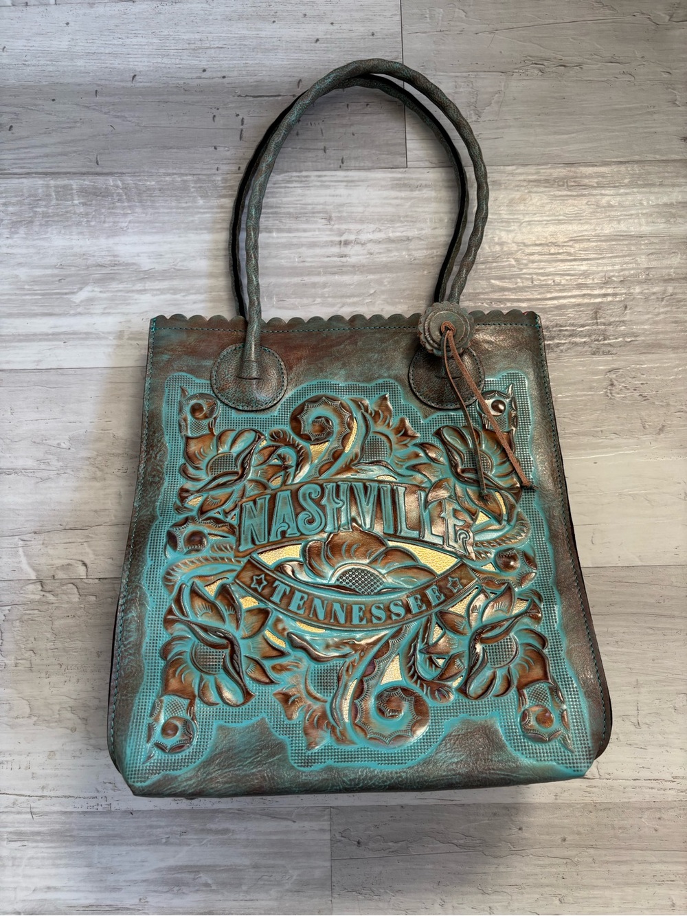 Patricia Nash Cavo Tooled Leather Nashville Tote Burnished Turquoise